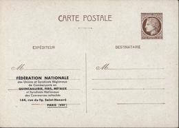 Entier Cérès Mazelin 2F50 Brun Repiquage Fédération Nationale Syndicats Commerçants Quincaillerie Fers Métaux Paris - Overprinter Postcards (before 1995)