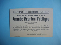 Carton Réunion  MOUVEMENT  DE LIBERATION NATIONALE  -  Section De VIENNE  -  38  -  Isère  -  Assez Rare  -  1944 - Libération