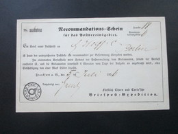 Altdeutschland Thurn Und Taxis 1856 Postschein Fürstlich Thurn Und Taxis'sche Briefpost Expedition. Reco Gebühr!! - Briefe U. Dokumente