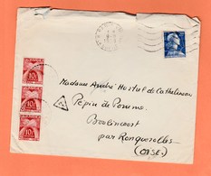 BANDE DE 3 TAXE 10F N° 86 SOIT 30F SUR LETTRE DE 1958 MARIANNE MULLER 20F N° 1011B - TARIF DU 1/7/57 POIDS + 20g - 1859-1959 Lettres & Documents