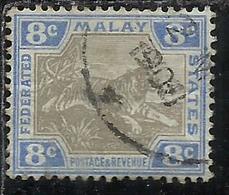 MALAYA MALAISIE MALESIA FEDERATED STATES 1901 1910 WILD FAUNA TIGER TIGRE CENT. 8c USATO USED OBLITERE' - Federation Of Malaya