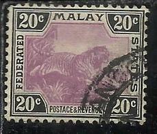 MALAYA MALAISIE MALESIA FEDERATED STATES 1901 WILD FAUNA TIGER TIGRE CENT. 20c USATO USED OBLITERE' - Fédération De Malaya