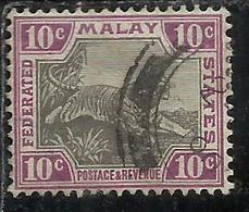 MALAYA MALAISIE MALESIA FEDERATED STATES 1901 WILD FAUNA TIGER TIGRE CENT. 10c USATO USED OBLITERE' - Fédération De Malaya