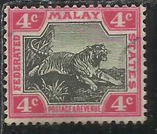 MALAYA MALAISIE MALESIA FEDERATED STATES 1901 1910 WILD FAUNA TIGER TIGRE CENT. 4c USATO USED OBLITERE' - Fédération De Malaya