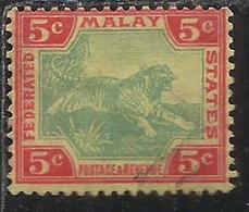 MALAYA MALAISIE MALESIA FEDERATED STATES 1901 1910 WILD FAUNA TIGER TIGRE CENT. 5c USATO USED OBLITERE' - Federation Of Malaya