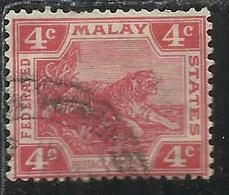 MALAYA MALAISIE MALESIA FEDERATED STATES 1906 1922 WILD FAUNA TIGER TIGRE CENT. 4c USATO USED OBLITERE' - Fédération De Malaya