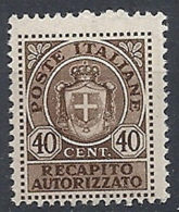 1945 LUOGOTENENZA RECAPITO AUTORIZZATO 40 CENT MNH ** - RR12490 - Servicio Privado Autorizado