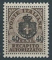 1945 LUOGOTENENZA RECAPITO AUTORIZZATO 40 SU 10 CENT MNH ** - RR13733-2 - Service Privé Autorisé