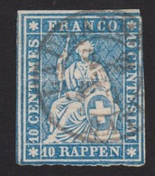 SUISSE Strubel 1859:   10 Rp Bleu,  (ZNr 23G), Oblitéré 'Lausanne' Du 2.AUG.62 - Oblitérés