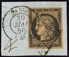 No 3c, Noir Sur Chamois Foncé, Obl Grille + Cad Mai 50 Sur Petit Fragment. - TB - 1849-1850 Cérès