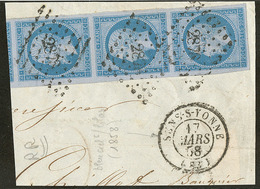 No 14Ig, Bleu Sur Lilas, Bande De Trois Verticale Sur Fragment, Jolie Pièce. - TB - 1853-1860 Napoléon III