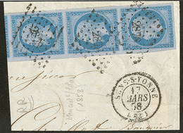 No 14Ig, Bleu Sur Lilas, Bande De Trois Verticale Sur Fragment, Jolie Pièce. - TB - 1853-1860 Napoléon III.