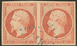 No 16, Paire Nuance Foncée, Obl Pc Bleu, Pelurage Au Verso Mais TB D'aspect - 1853-1860 Napoléon III