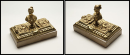 Boîte "presse Papiers" En Bronze Doré, époque Napoléon III, Avec Buste En Relief Sur Socle Marbre Gris, 2 Comp., 140x85x - Stamp Boxes