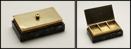Boîte En Laiton Sur Socle Marbre Vert, 3 Comp., 90x53x30mm. - TB - Stamp Boxes