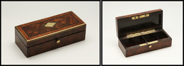 Boîte En Palissandre, Marqueterie Et Cerclage Laiton Sur Couvercle, Bouton Pression, 4 Comp., 110x45x30mm. - TB - Stamp Boxes