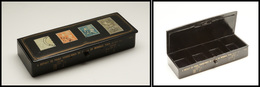 Boîte Papier Mâché, Transfert De Timbres Sur Couvercle Et Pourtour, Tarifs Postaux Sur Le Fond, Bouton Pression, 4 Comp. - Stamp Boxes