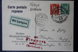 Deutsche Reich Privat Luftpostkarte Berliner Ganzsachensammler Verein  Berlin -> Dortmund 1926 - Cartes Postales