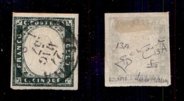 ANTICHI STATI - SARDEGNA - 1857 - 5 Cent (13A-verde Mirto) Usato - Bolaffi + Macoveann + Diena + Cert. Raybaudi (900) - Sardegna