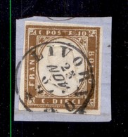ANTICHI STATI - SARDEGNA - 1863 - 10 Cent (14Eb-bistro Scuro) Usato Su Frammento - Diena + Bottacchi (850) - Sardinia