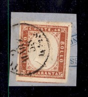 ANTICHI STATI - SARDEGNA - 1857 - 40 Cent (16Ac-vermiglio Arancio Scuro) Su Frammento - Molto Bello - Raybaudi (240) - Sardinia