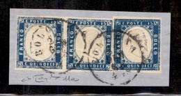 REGNO D'ITALIA - 1863 - 15 Cent (11a) - Coppia + Singolo Su Frammento - Bologna 22.1.63 - Oliva + Raybaudi - Altri & Non Classificati