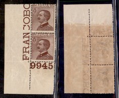 REGNO D'ITALIA - 1920 - 85 Cent Michetti (112) - Coppia Verticale Angolo Di Foglio Con Numero Di Tavola (9945) - Gomma I - Other & Unclassified