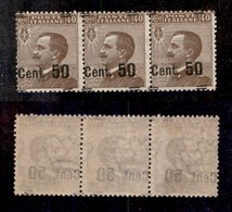 REGNO D'ITALIA - 1923 - 50 Cent Su 40 Michetti (139e) - Striscia Di Tre Con Soprastampe Oblique - Gomma Integra (450+) - Otros & Sin Clasificación