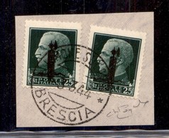 REPUBBLICA SOCIALE - GNR VERONA - 1944 - Errore Di Colore - 25 Cent (490A) - 2 Pezzi Usati Su Frammento - Raybaudi - Other & Unclassified