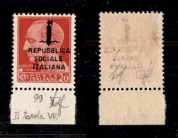 REPUBBLICA SOCIALE - GNR VERONA - 1944 - Verona - 20 Cent Augusto (495/A) Bordo Foglio (pos.99) - Gomma Integra - Cert.  - Otros & Sin Clasificación