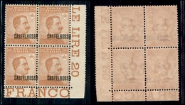 COLONIE - CASTELROSSO - 1922 - 20 Cent (4dab-varietà) - Quartina Angolare Con Soprastampa A Destra (o A Cavallo E Sul Bo - Castelrosso