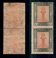 COLONIE - LIBIA - 1921 - 10 Cent Pittorica (24z) - Coppia Verticale Con Decalco Della Statua Spostato A Cavallo - Gomma  - Libia