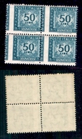 REPUBBLICA - 1957 - Segnatasse - 50 Lire (118/IIf) - Quartina Con Dentellatura Verticale Spostata - Gomma Integra (1.650 - Other & Unclassified