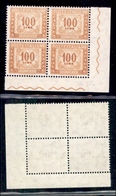 REPUBBLICA - 1957 - Segnatasse - 100 Lire (119/IIaa) - Quartina Angolare Con Stampa Evanescente - Gomma Integra (1.600+) - Other & Unclassified
