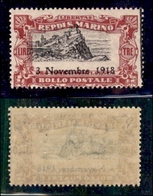 SAN MARINO - 1918 - 3 Lire Vittoria (68b Varietà Ca) - Centro Spostato Nei Due Sensi + Spazio Tipografico A Destra - Gom - Otros & Sin Clasificación