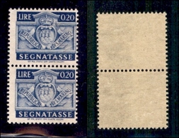 SAN MARINO - 1945 - Segnatasse - 20 Cent (68d) - Coppia Verticale Su Carta Doppia (ricongiunta) - Gomma Integra (400) - Otros & Sin Clasificación