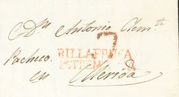 SOBRE. 1825. VILLAFRANCA DE LOS BARROS (BADAJOZ) A MERIDA. Marca BILLAFRANCA / ESTREMADURA BAXA, En Rojo (P.E.3) Edición - ...-1850 Vorphilatelie