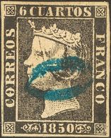 º1. 1850. 6 Cuartos Negro (I-15). Matasello Prefilatélico "O", En Azul De Zaragoza. MAGNIFICO Y ESPECTACULAR. - Other & Unclassified