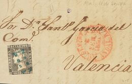 SOBRE 1A. 1850. 6 Cuartos Negro. Frontal De SEVILLA A VALENCIA. Matasello Prefilatélico "11" (limado), En Azul De Sevill - Other & Unclassified
