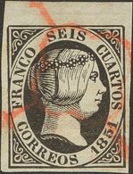 º6. 1851. 6 Cuartos Negro, Borde De Hoja. Matasello ARAÑA, En Rojo. MAGNIFICO Y MUY RARO. - Other & Unclassified