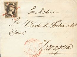 SOBRE 6. 1851. 6 Cuartos Negro. REQUENA (VALENCIA) A ZARAGOZA. Matasello ARAÑA, En Rojo. MAGNIFICA Y RARA, ESPECIALMENTE - Other & Unclassified