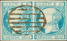 º16F(2). 1852. 6 Reales Azul, Pareja. FALSO SPERATI (Tipos C Y D), Al Dorso Marca De La B.P.A. MAGNIFICO. - Autres & Non Classés