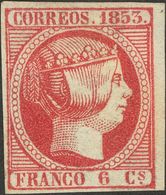 (*)17. 1853. 6 Cuartos Rosa, Borde De Hoja. MAGNIFICO. Cert. COMEX. Edifil 2018: 610 Euros - Autres & Non Classés