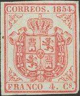 (*)33A. 1854. 4 Cuartos Carmín. PAPEL AZULADO. MAGNIFICO Y MUY RARO EN NUEVO CON ESTA TONALIDAD. Cert. COMEX. Edifil 201 - Other & Unclassified