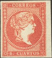 (*)44. 1855. 4 Cuartos Rojo Carmín, Borde De Hoja. MAGNIFICO. - Autres & Non Classés