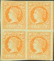 **52(4). 1860. 4 Cuartos Amarillo, Bloque De Cuatro. MAGNIFICO, RARISIMO Y ESPECTACULAR. Edifil 2014: 375 Euros - Otros & Sin Clasificación