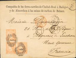 SOBRE 82(3). 1866. 12 Cuartos Naranja, Bloque De Tres. Sobre Con Membrete "COMPAÑIA DE LOS FERROCARRILES DE CIUDAD REAL  - Otros & Sin Clasificación