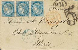 SOBRE 88(3). 1867. 4 Cuartos Azul, Tira De Tres. CABEZA DEL BUEY (CACERES) A PARIS (FRANCIA). Matasello CABEZA DEL BUEY  - Sonstige & Ohne Zuordnung