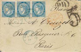 SOBRE 88(3). 1867. 4 Cuartos Azul, Tira De Tres. CABEZA DEL BUEY (CACERES) A PARIS (FRANCIA). Matasello CABEZA DEL BUEY  - Otros & Sin Clasificación