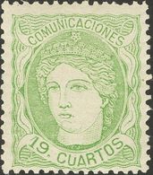 (*)114. 1870. 19 Cuartos Verde Amarillo. Color Muy Intenso. MAGNIFICO. Cert. EXFIMA. Edifil 2018: 570 Euros - Autres & Non Classés